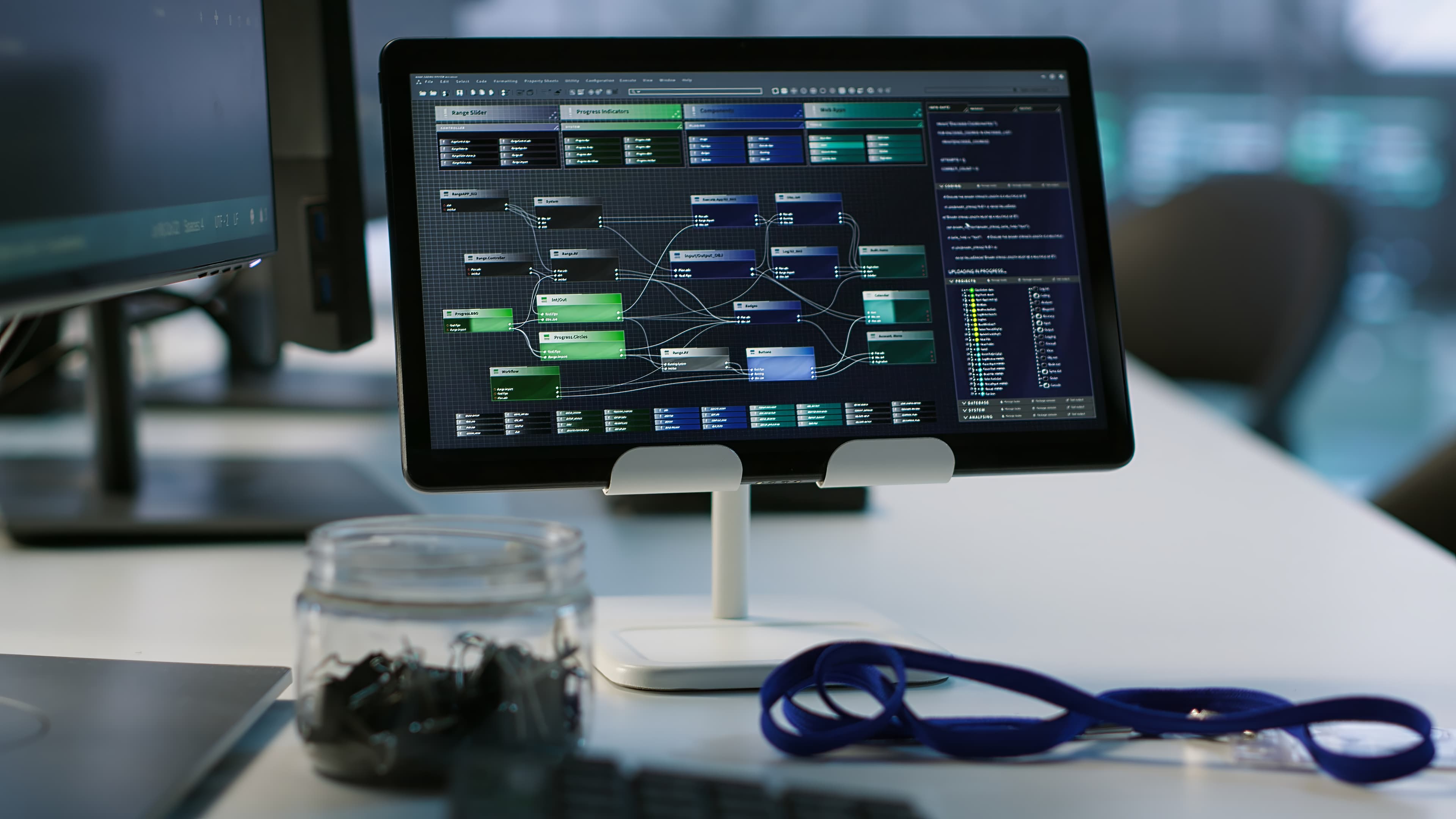 A deployment dashboard with pipelines, cloud regions, SSL status, backup history, and monitoring widgets.